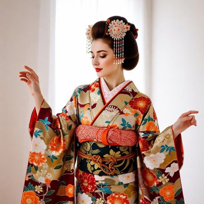 Woman in ornate kimono with geisha hairstyle