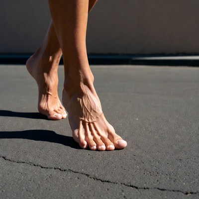 Woman walking barefoot on concrete