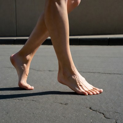 Woman walking barefoot on street