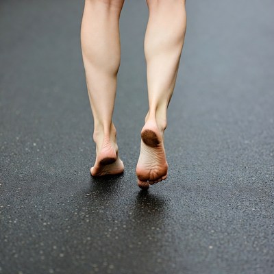 Woman's bare feet walking on wet road