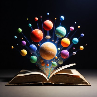 Open Book Exploding with Planets