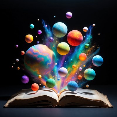 Open Book with Colorful Exploding Planets