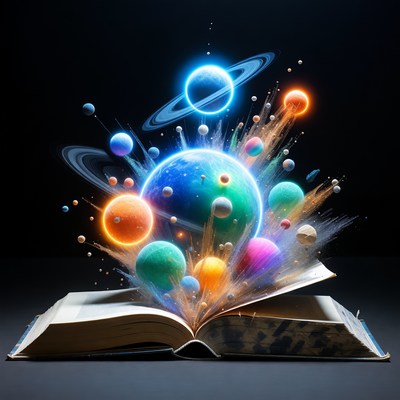 Open Book Exploding with Planets