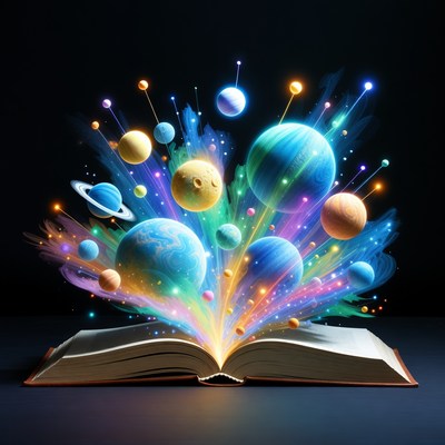 Open Book Exploding with Colorful Planets