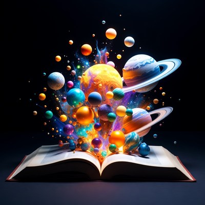 Open Book Exploding with Colorful Planets