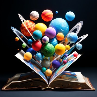 Open book with colorful planets bursting out