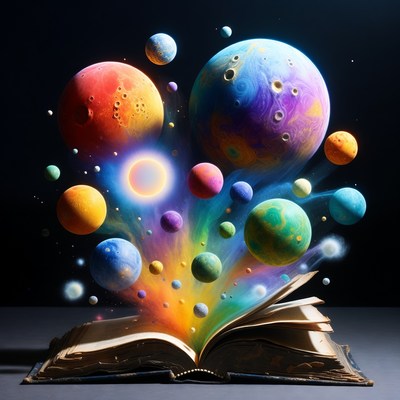 Open Book Exploding with Colorful Planets
