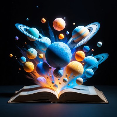 Open Book Exploding with Planets