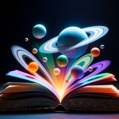 Open Book Exploding with Colorful Planets