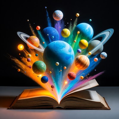 Open Book Exploding with Colorful Planets