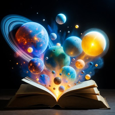 Open Book Exploding with Planets