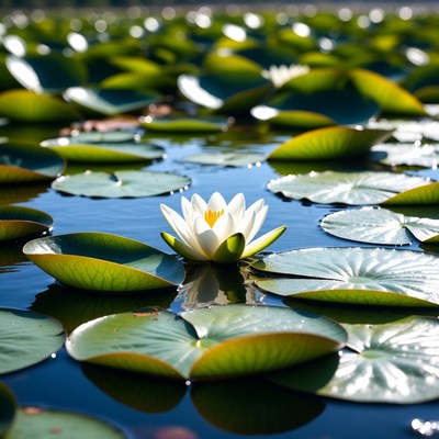 White lotus flower on green lily pads