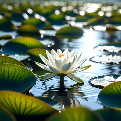 White lotus flower on green lily pads