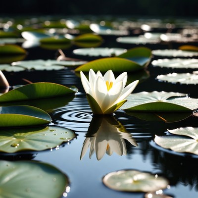 White lotus flower on water lily pads