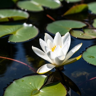 White lotus flower on lily pads