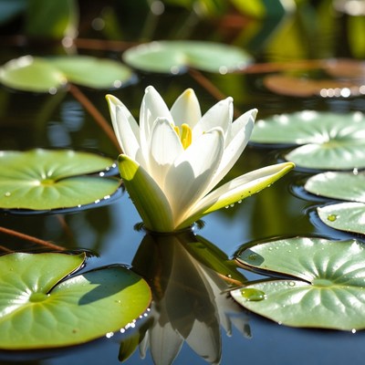White Water Lily on Green Lily Pads