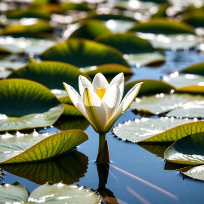 White Water Lily on Green Lily Pads