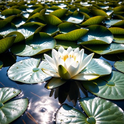 White lotus flower on lily pads