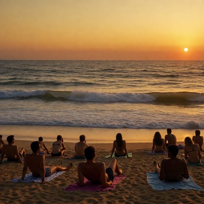 Group doing yoga at sunset beach