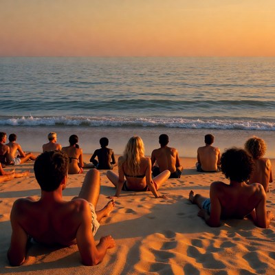 Diverse group sitting on beach at sunset