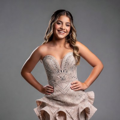 Smiling girl in sparkling strapless gown