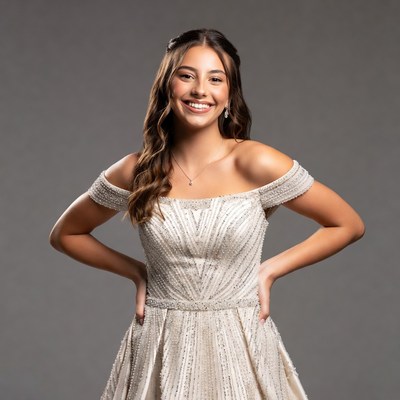 Smiling woman in beaded white gown