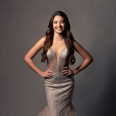 Smiling Latina woman in sparkling gown
