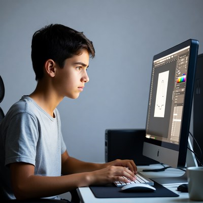 Boy using computer at desk