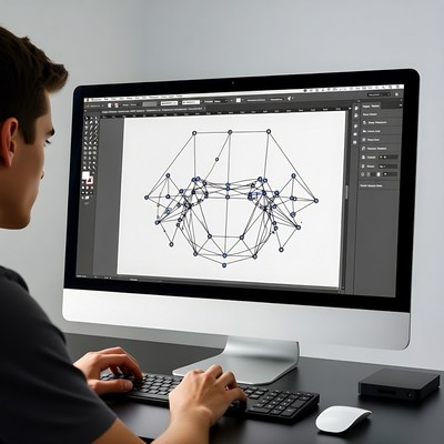 Young man designing graph on computer
