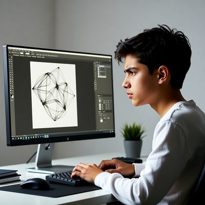 Boy working on computer 3D model