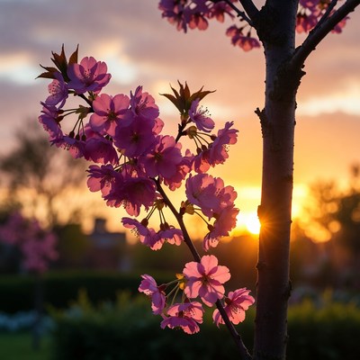 Pink Cherry Blossoms at Sunset