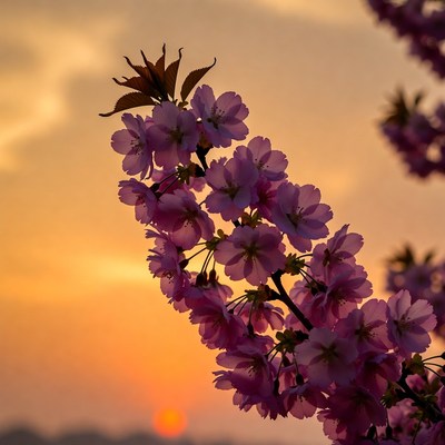 Pink Cherry Blossoms at Sunset