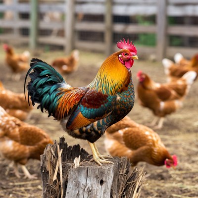 Colorful Rooster Standing on Stump