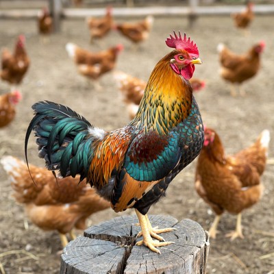 Rooster standing on stump with hens