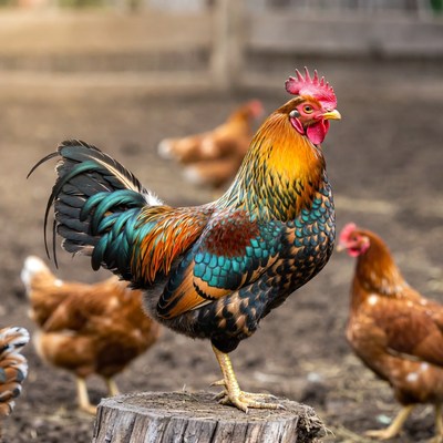 Colorful Rooster Standing on Stump