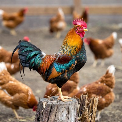 Colorful Rooster Standing on Stump