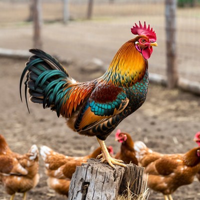 Colorful Rooster Standing on Stump