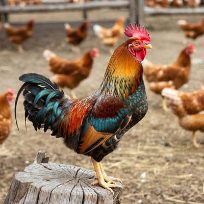 Rooster standing on wooden stump