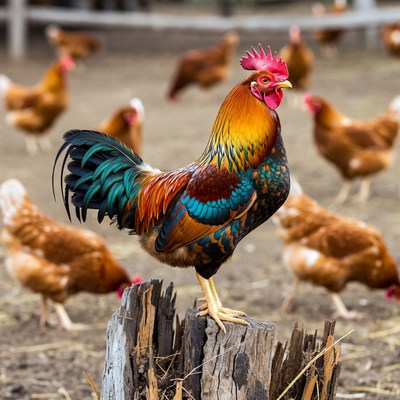 Colorful Rooster Standing on Stump