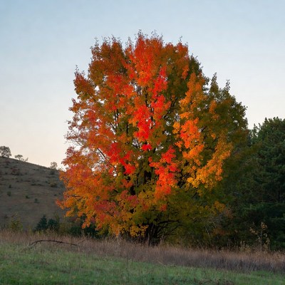 Vibrant Red Maple Tree in Autumn Field