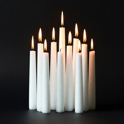 Burning white candles on black background