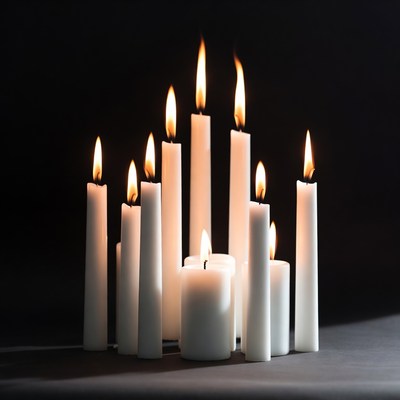 White candles burning on black background