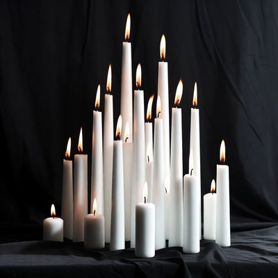 Burning White Candles on Black Background
