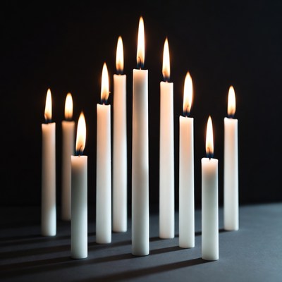 Burning white candles on black background