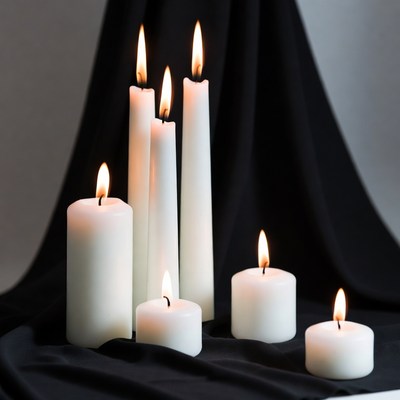 White candles lit on black fabric
