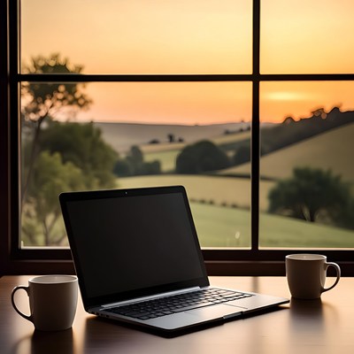 Laptop and Coffee by Sunset Window