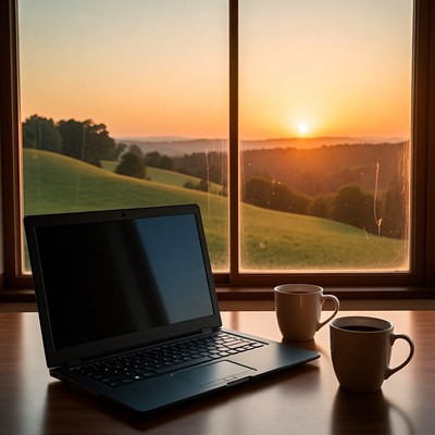 Laptop and Coffee by Sunset Window