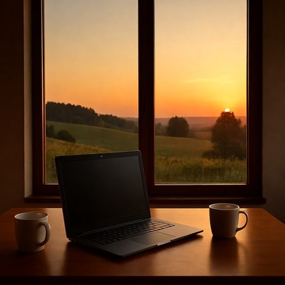 Laptop and coffee by sunset window