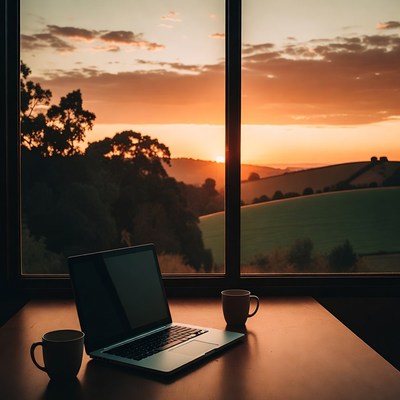 Laptop and Coffee at Sunset Window View