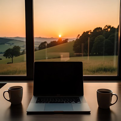 Laptop and Coffee by Sunset Window